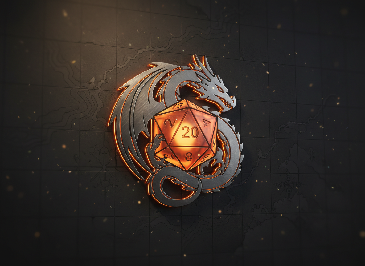 A close-up, photorealistic hero image of the Dragon’s Nook logo brought to life as a three-dimensional emblem. A stylized dragon, curled protectively around a twenty-sided die, is rendered in brushed gunmetal with glowing ember-orange accents along its scales. The emblem is mounted on a dark, matte stone wall subtly etched with arcane symbols and faint map-like lines. Soft, directional studio lighting from above and slightly to the side creates gentle highlights along the dragon’s contours and crisp shadows that emphasize depth. Fine particles of dust catch tiny points of light, adding a magical spark. Shot straight-on with centered composition and shallow depth of field, the emblem is razor sharp while the wall texture falls off into a faint blur, creating a bold, iconic, and playful brand-focused visual for the gaming events site.