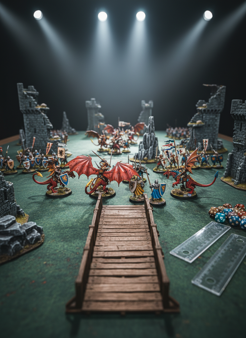 A dramatic, photorealistic tabletop battle setup for a fantasy war game, frozen mid-epic clash. On a textured, mossy-green battle mat, intricately painted miniature armies face off: dragon riders with shimmering red and gold scales opposing armored knights with tiny heraldic shields. Rocky terrain pieces, ruined stone towers, and a narrow wooden bridge create a three-dimensional battlefield. Overhead, directional spotlights simulate cinematic lighting, casting long, dynamic shadows from banners and spears. Dice and measuring rulers rest near the edge, hinting at strategy in motion. Shot from a low, almost soldier’s-eye perspective along the bridge, with a shallow depth of field that keeps the central confrontation crisp while the distant armies blur, the scene feels bold, tense, and immersive, perfectly suited to promote high-stakes competitive events.