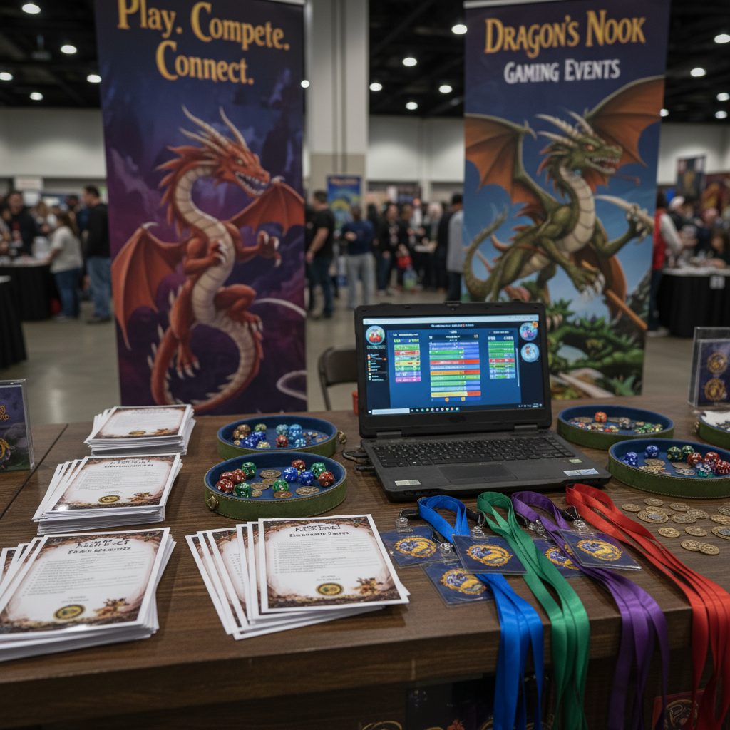 An atmospheric event registration table for a fantasy-themed gaming convention, photographed in realistic detail. A dark-stained wooden counter is covered with neatly stacked printed event schedules, glossy badges with a stylized dragon logo, and lanyards in vibrant jewel tones. Beside them, a laptop displays a colorful tournament bracket screen, surrounded by polyhedral dice trays and ornate metallic coins used as tokens. In the background, large vertical banners with bold, playful dragon artwork and phrases like “Play. Compete. Connect.” rise toward the ceiling. Soft, even overhead lighting highlights the glossy paper and polished metal surfaces, while the distant hall behind falls into a subtle blur. Composed from a slightly elevated angle, the mood is energetic yet organized, perfectly capturing the excitement of arriving at Dragon’s Nook gaming events.