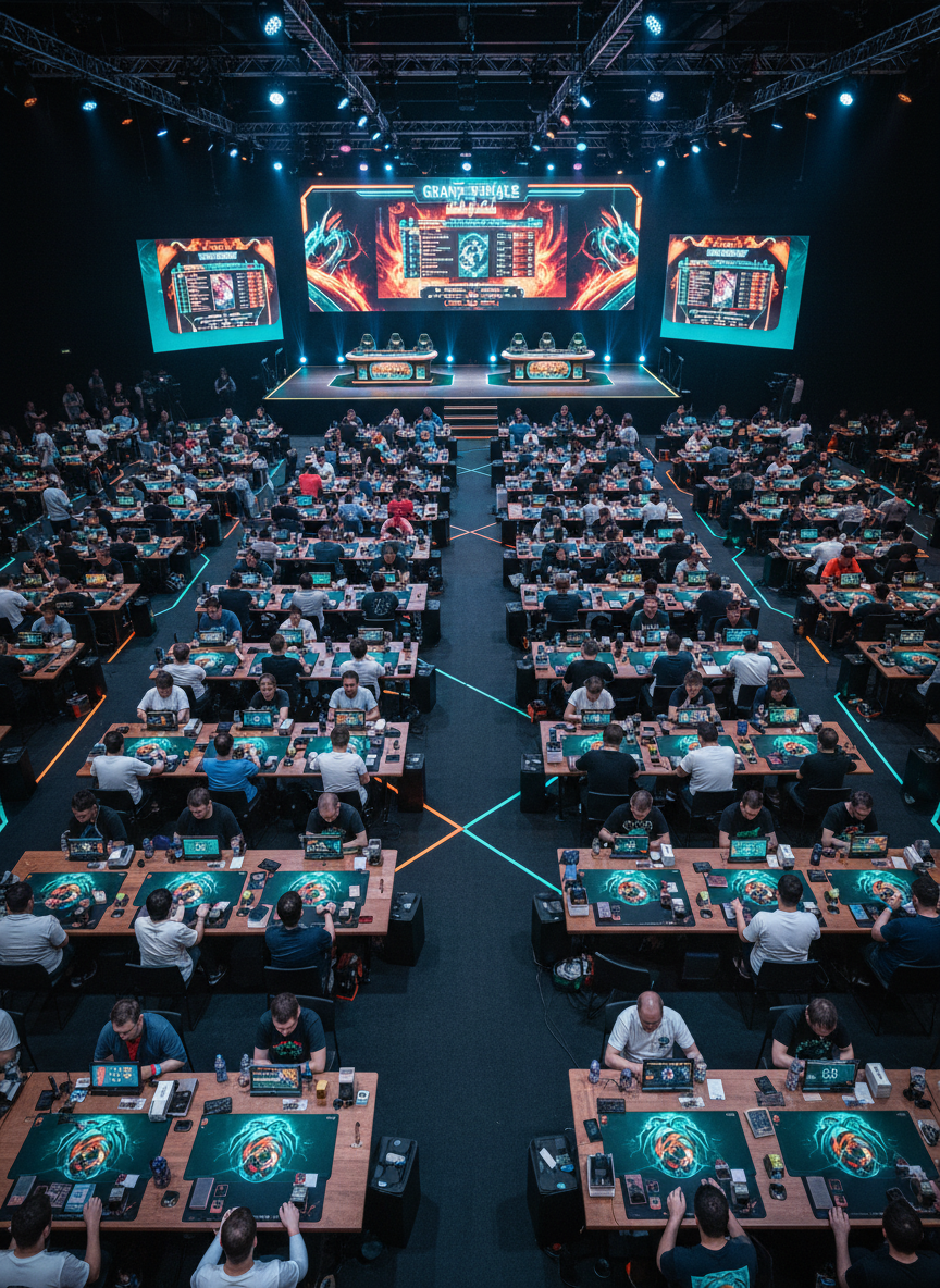 A high-energy, photorealistic tabletop tournament arena designed for competitive card or skirmish games. Long rows of matching dark tables are neatly arranged in a large hall, each set with branded playmats featuring a bold dragon emblem in glowing teal and orange, along with deck boxes, card sleeves, and neatly aligned score trackers. At the far end, a raised stage holds an illuminated central play area under focused spotlights, with an oversized digital screen behind it displaying a stylized tournament bracket and fiery dragon graphics. Overhead, cool-toned event lighting contrasts with accent LEDs along table edges, creating a dynamic, esports-inspired atmosphere. Shot from a high, slightly angled perspective to capture the scope of the venue, with crisp clarity across the frame, the mood is competitive, organized, and electrifying.