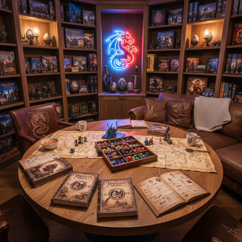 An inviting, photorealistic lounge corner designed for casual tabletop role-playing sessions at Dragon’s Nook. A large, round oak table sits in the center, its surface scattered with open rulebooks, custom character sheets bearing dragon insignias, aged parchment-style maps, and a velvet-lined wooden dice tray spilling colorful polyhedral dice. Behind the table, floor-to-ceiling shelves display board games, miniature cases, and fantasy props like faux dragon eggs and crystal orbs. Soft, warm ambient lighting from wall sconces combines with a gentle glow from a nearby neon dragon emblem, casting playful reflections on glossy book covers. Captured from a slightly elevated, wide-angle perspective with sharp focus throughout, the composition feels cozy, welcoming, and slightly whimsical, emphasizing connection, creativity, and shared storytelling in a dedicated gaming nook.