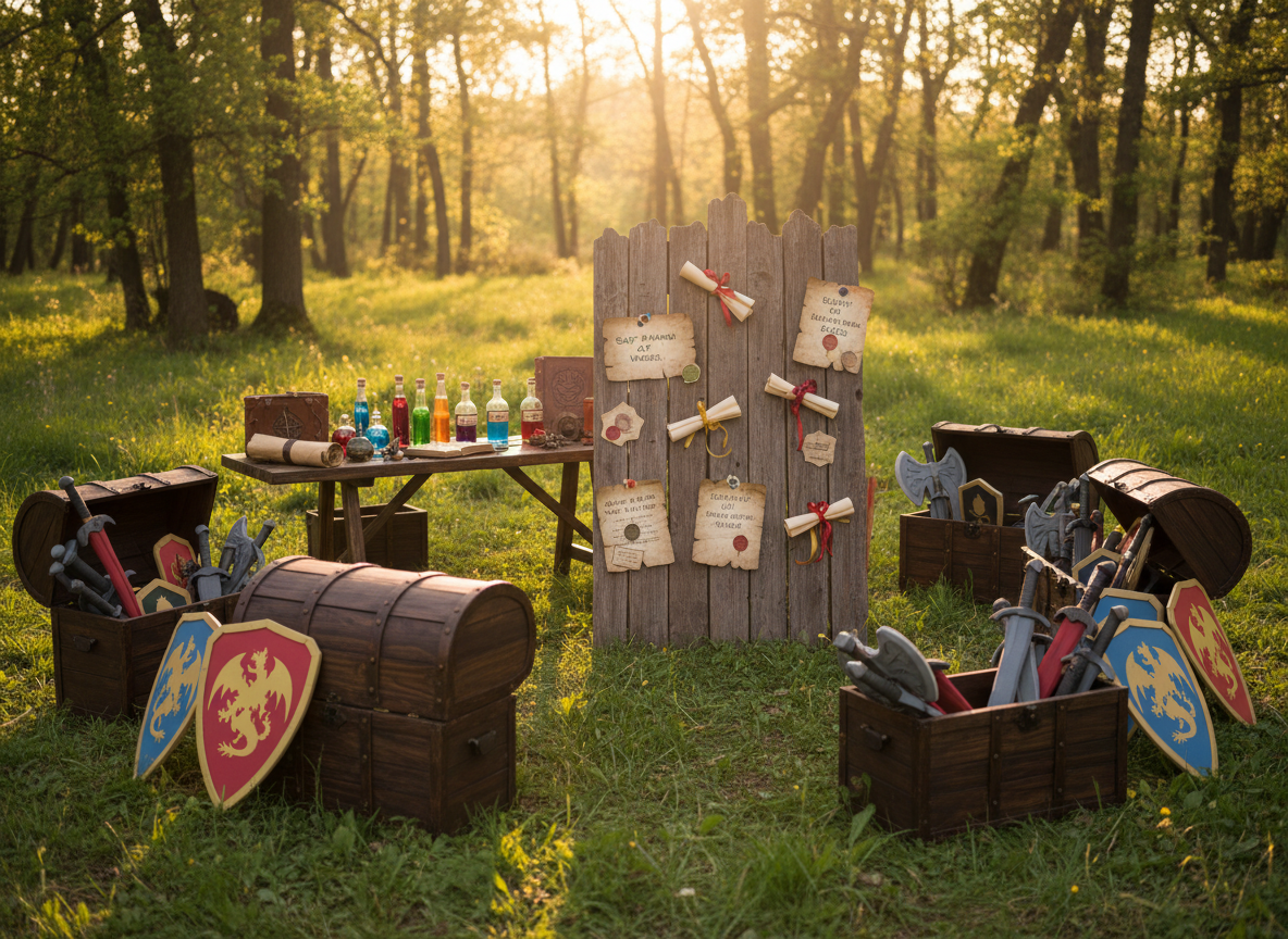 A whimsical, photorealistic outdoor live-action role-play (LARP) staging area themed around dragons and fantasy quests. In a grassy woodland clearing, a ring of sturdy wooden chests, foam weapons, and decorated shields bearing dragon crests encircles a central “quest board” made from weathered planks, covered in parchment-style mission notices and colorful wax seals. Nearby, a wooden table holds prop potions in glass vials, faux spellbooks, and a leather map case. Late afternoon golden hour sunlight filters through the trees, casting dappled light and soft shadows across the props and lush greenery. Captured from eye level with a moderate depth of field, the background forest gently blurs, keeping the quest board sharply in focus. The mood is adventurous, light-hearted, and inviting, highlighting immersive live-action events without showing any participants.